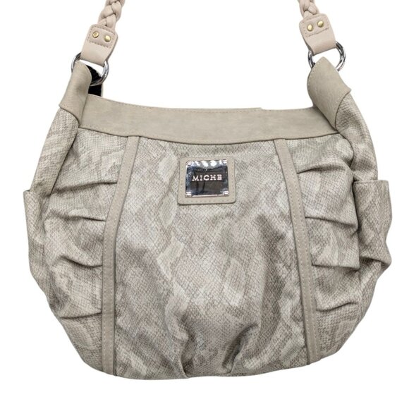 Miche Beverly Demi Snake Shoulder Bag Cream Grey Tote 2 Braided Straps Ruched - Picture 3 of 15